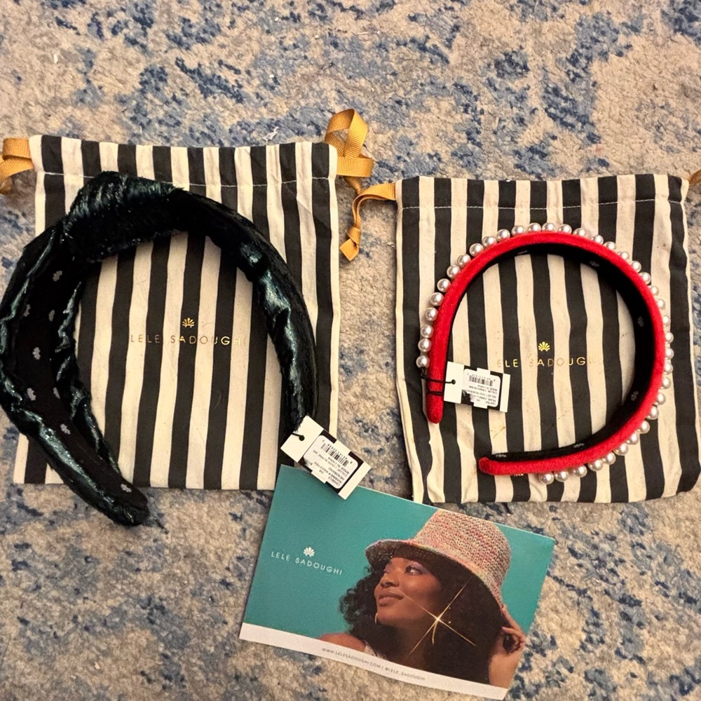 NWT Lele Sadoughi 2 Headbands Green Tinsel & Red Velvet Pearl with dust bags
